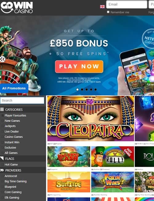 GoWin Casino Review | 50 free spins + 350% up to £850 free bonus
