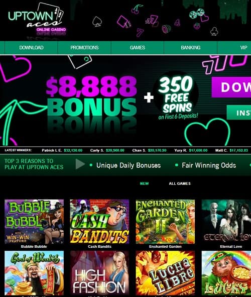 Uptown Aces Casino Review | $8,888 free cash bonus + 350 free spins